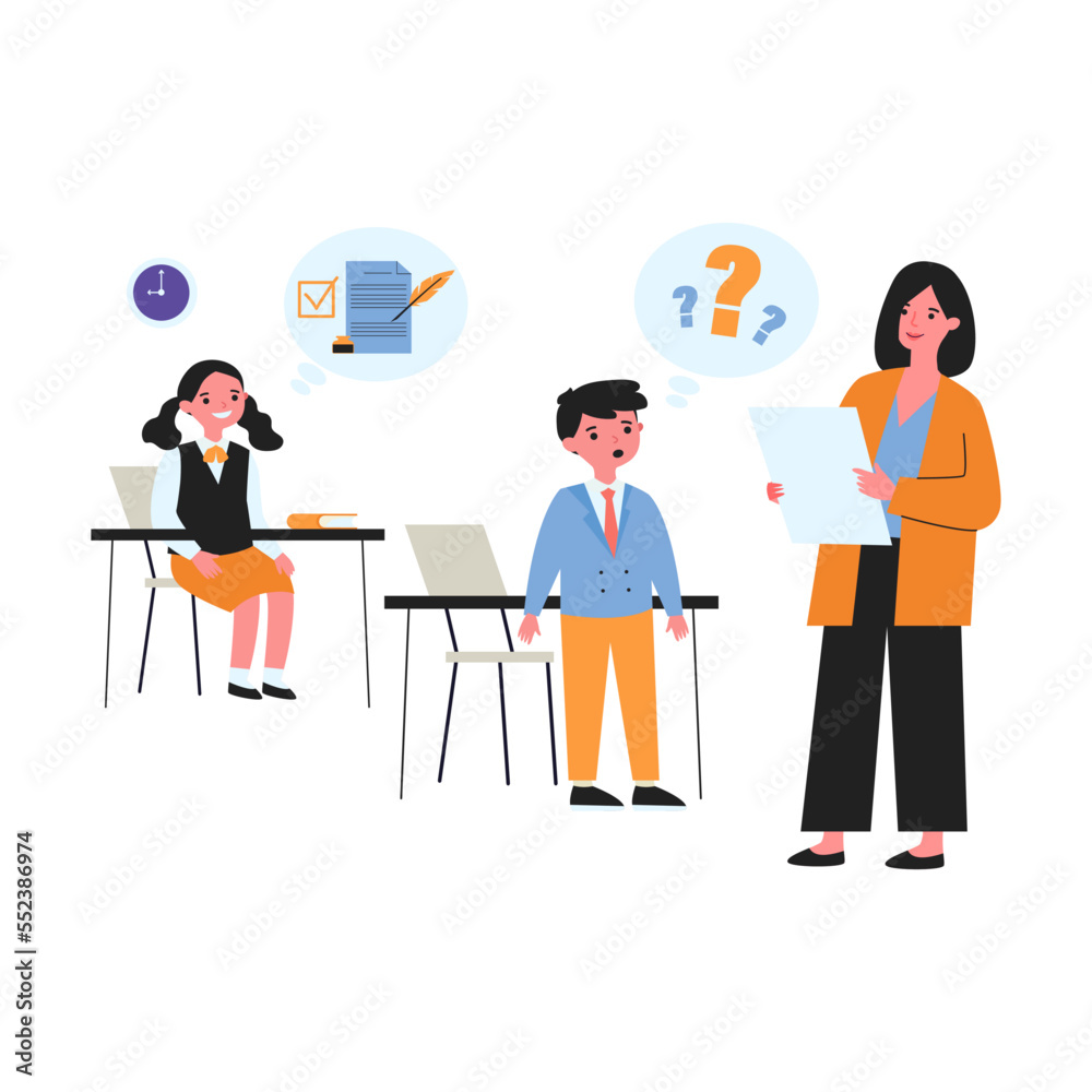 Cartoon teacher conducting class for excellent and bad pupils. Flat vector illustration. Teacher asking confused boy question and girl thinking about right answer