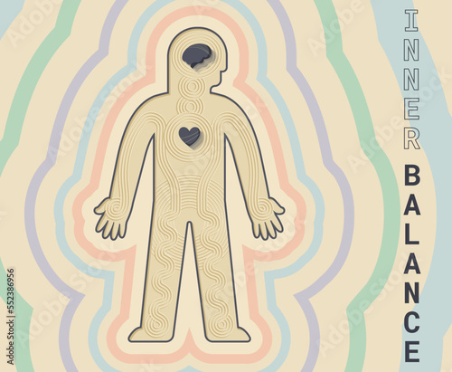Inner balance like a zen garden concept. Self-care and self-love through care of your inner world. Vector flat cartoon illustration. Human abstract silhouette with a brain and a heart. 