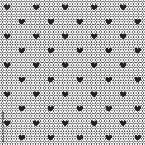Mesh in black hearts seamless vector pattern. Fabric ornament for sexy transparent lingerie and stockings. 