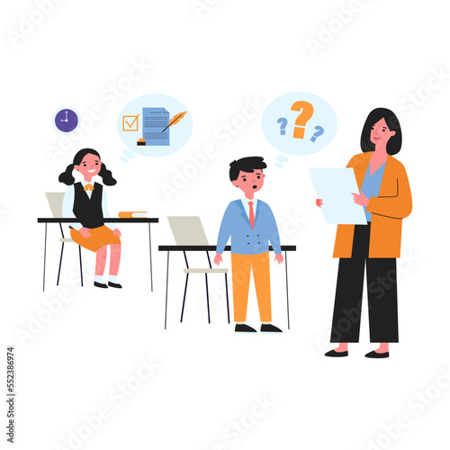 Cartoon teacher conducting class for excellent and bad pupils. Flat vector illustration. Teacher asking confused boy question and girl thinking about right answer