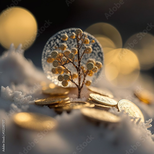 Coins, on snow, winter, good luck, Christmas feeling.