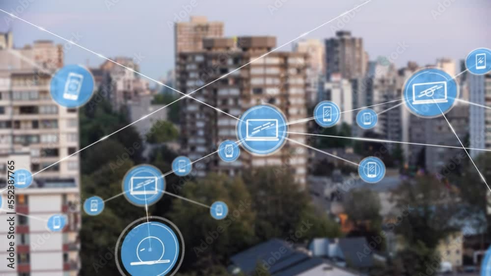 Animation of network of digital icons against aerial view of tall buildings Animation of network of digital icons against aerial view of tall buildings