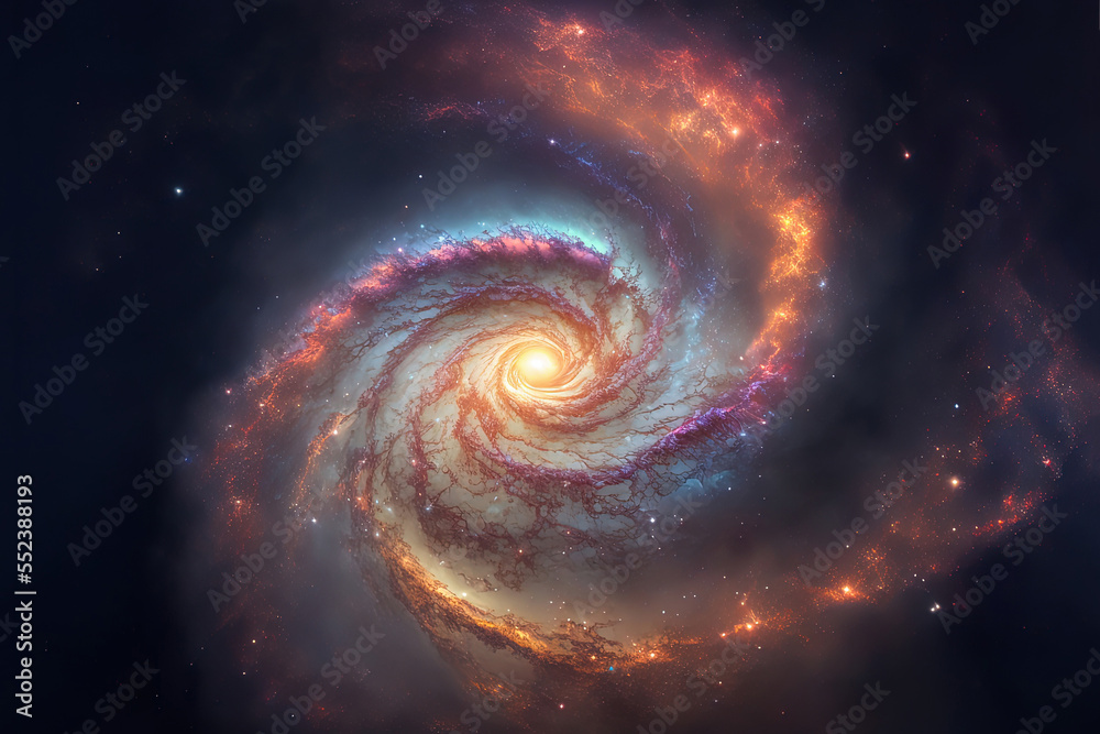 Galaxy, view from space. Fantasy astronomy concept. Concept of gravity. Colorful wallpaper. Science fiction art. Realistic nebula. Cosmic idea of universe. Burst of light and nebula. Generative AI