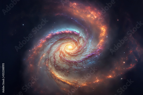 Galaxy, view from space. Fantasy astronomy concept. Concept of gravity. Colorful wallpaper. Science fiction art. Realistic nebula. Cosmic idea of universe. Burst of light and nebula. Generative AI © Fortis Design