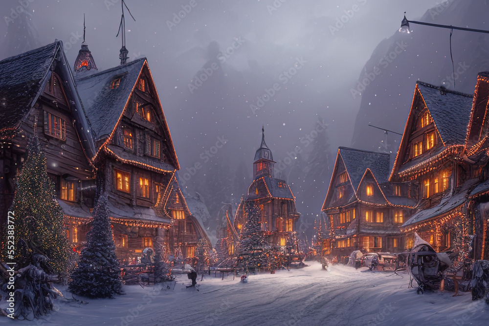 Digital painting of a Nordic village decorated with lights built inside a snowy mountain - AI Generated Digital painting of a Nordic village decorated with lights built inside a snowy mountain - AI Generated