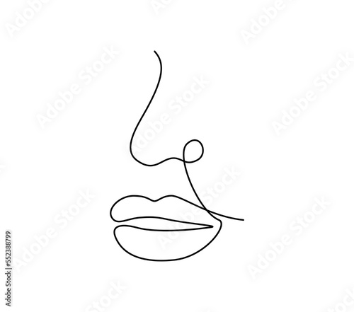 One continuous line drawing of mouth and lips. Outline face portrait of makeup and lipstick in simple linear style. Mascot icon for posters, cards, banner, template, web. Doodle vector illustration