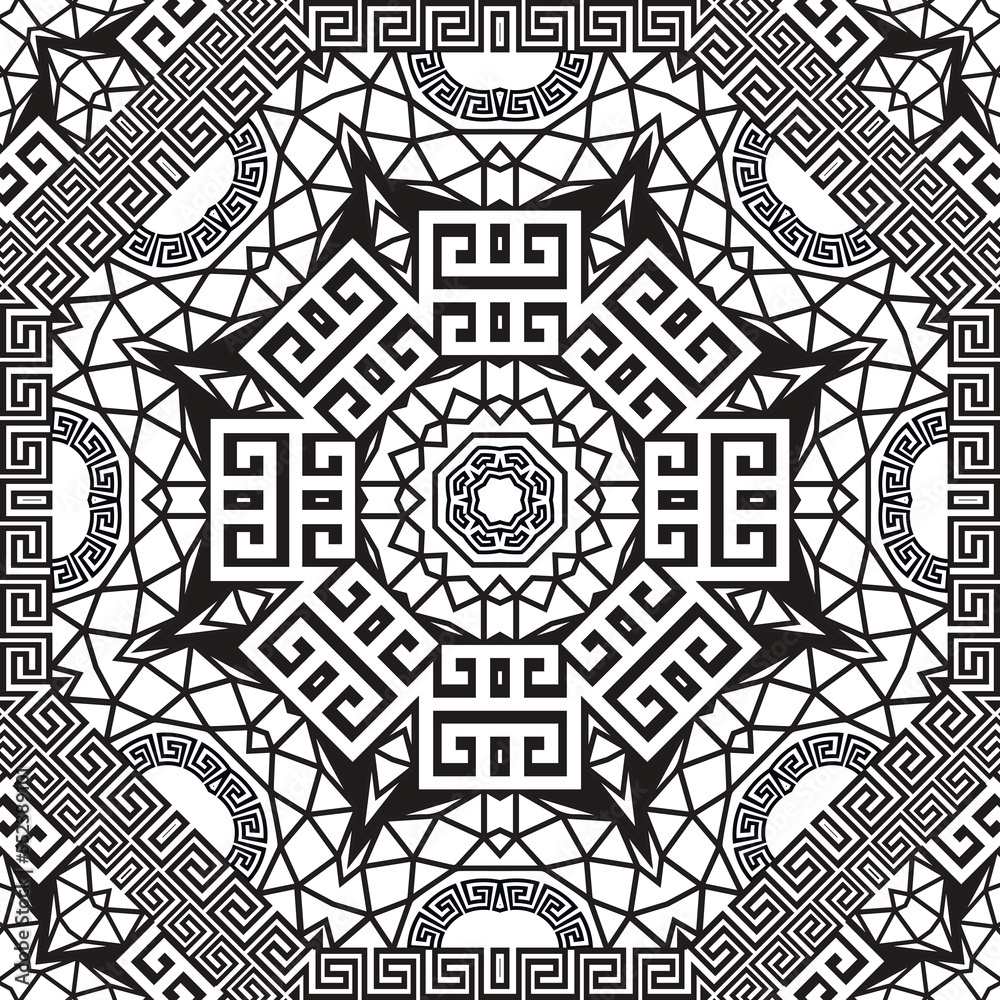 Greek seamless pattern. Modern black and white ornamental background. Repeat tribal ethnic  vector backdrop. Geometric design. Abstract ornaments with greek key, meanders, geometrical shapes, lines