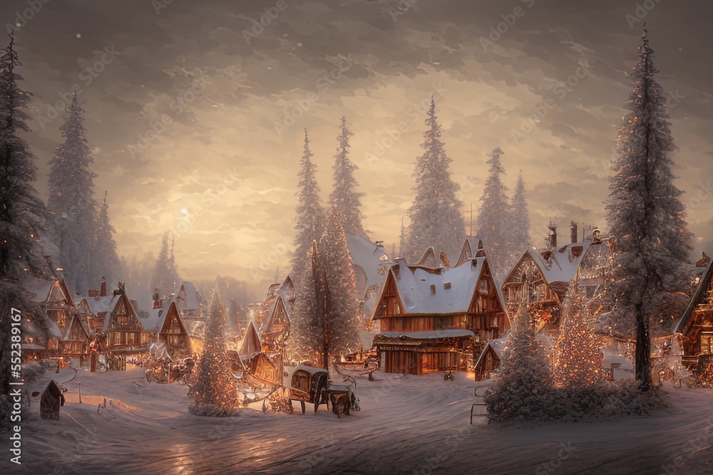Digital painting of a Nordic village decorated with lights built inside a snowy mountain - AI Generated Digital painting of a Nordic village decorated with lights built inside a snowy mountain - AI Generated
