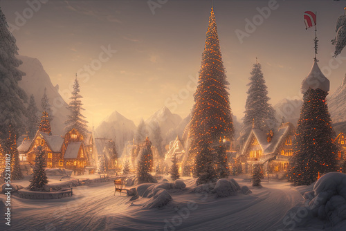 Digital painting of a Nordic village decorated with lights built inside a snowy mountain - AI Generated