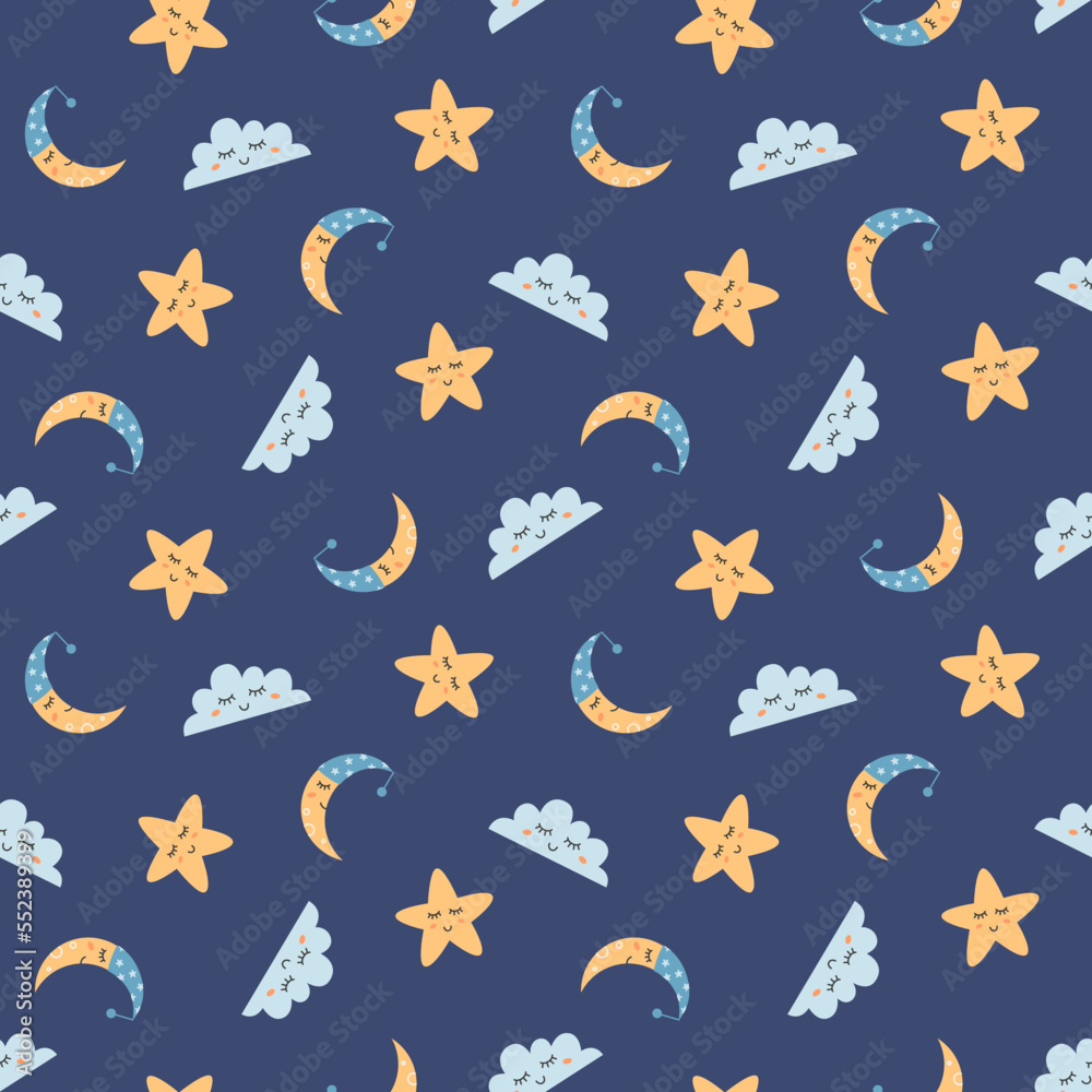 Sweet dreams seamless pattern. Funny crescent moon, sleepy cloud and star in the night sky. Set of cute hand drawn elements for kids design on dark blue background.