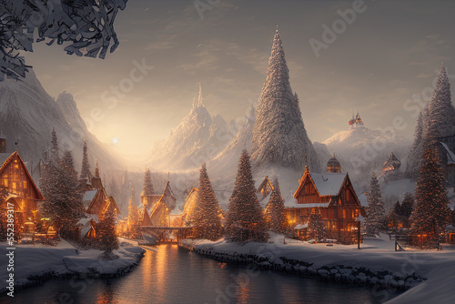 Digital painting of a Nordic village decorated with lights built inside a snowy mountain  - AI Generated