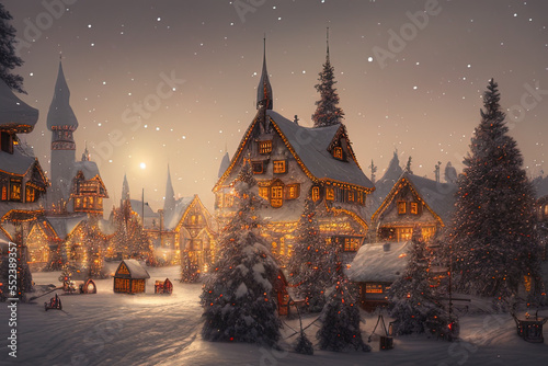 Digital painting of a Nordic village decorated with lights built inside a snowy mountain - AI Generated