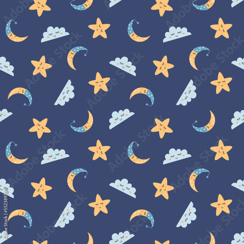 Sweet dreams seamless pattern. Funny crescent moon, sleepy cloud and star in the night sky. Set of cute hand drawn elements for kids design on dark blue background.