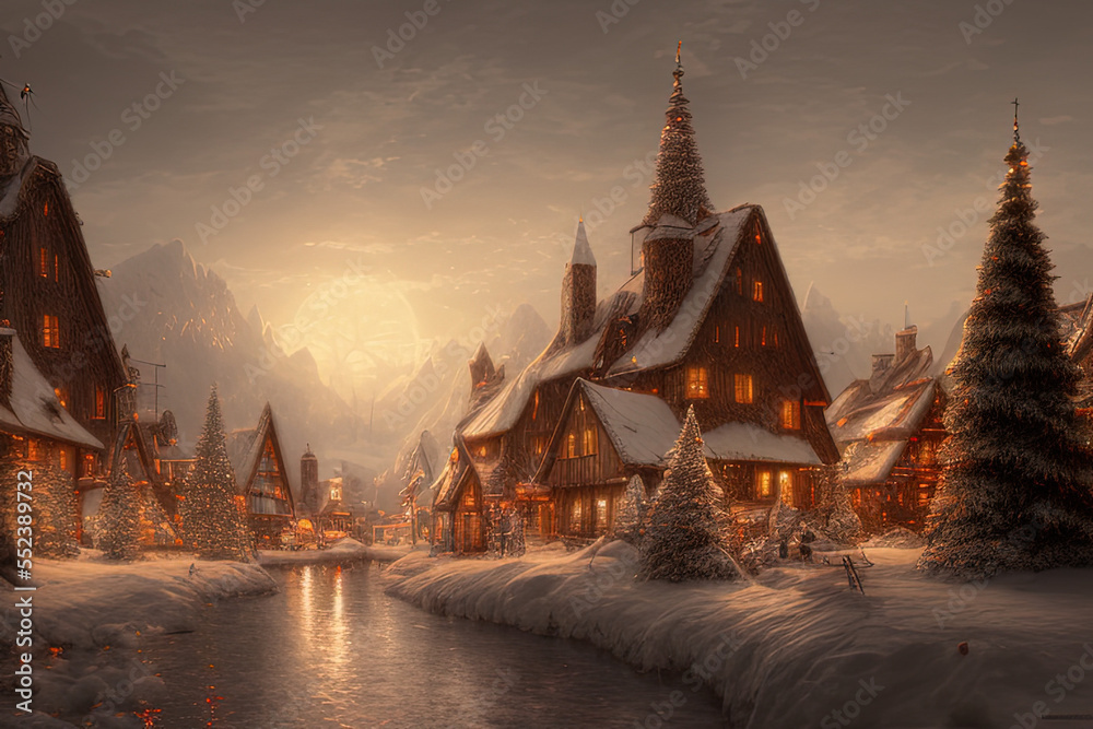 Digital painting of a Nordic village decorated with lights built inside a snowy mountain  - AI Generated