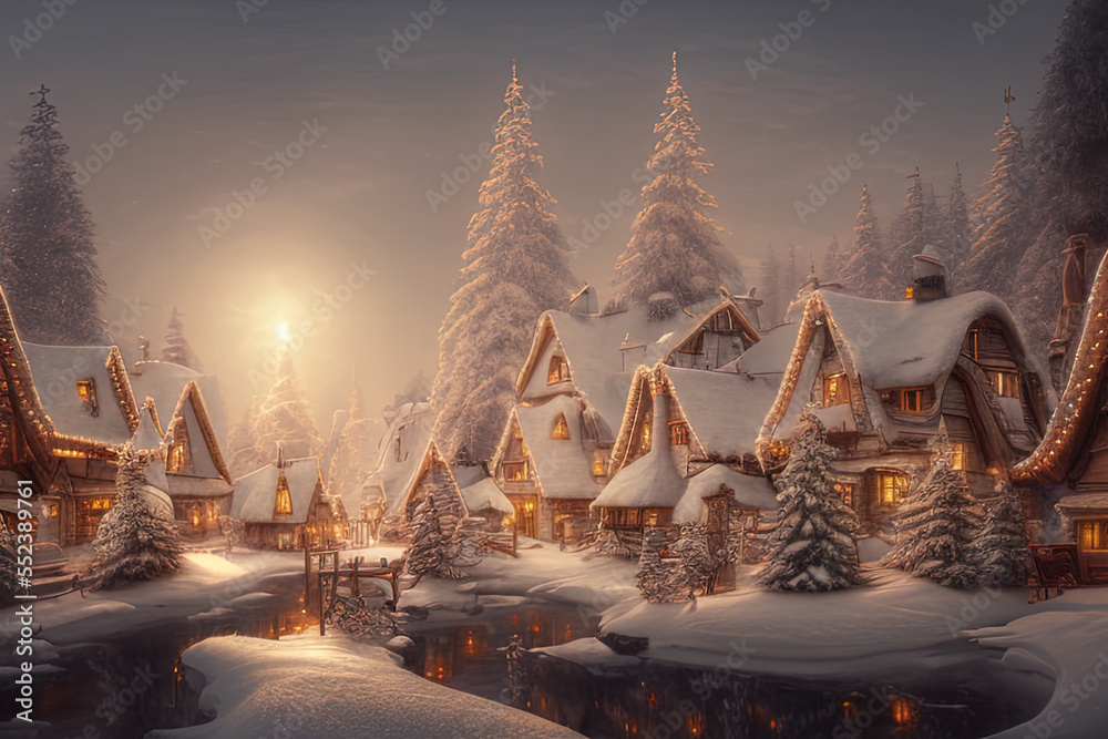 Digital painting of a Nordic village decorated with lights built inside a snowy mountain - AI Generated Digital painting of a Nordic village decorated with lights built inside a snowy mountain - AI Generated