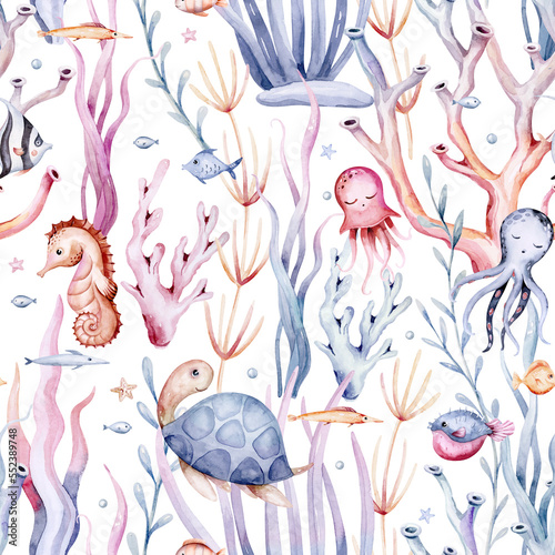 Photography seamless pattern of sea cartoon animals