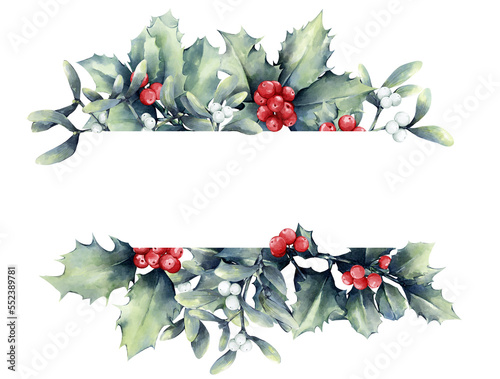 Fototapeta Naklejka Na Ścianę i Meble -  Watercolor Christmas elements, red berries, holly, misletoe, hand drawn illustration, watercolor,frame