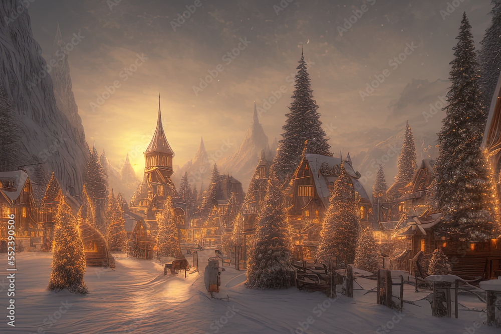 Digital painting of a Nordic village decorated with lights built inside a snowy mountain  - AI Generated