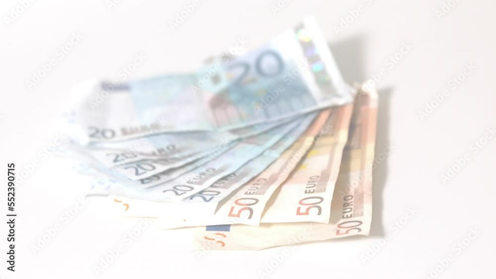 Animation of euro currency banknotes falling on white background Animation of euro currency banknotes falling on white background