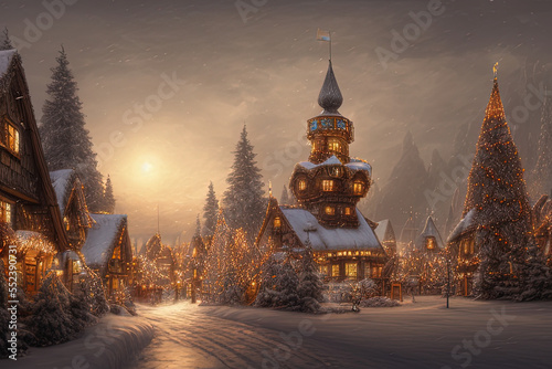 Digital painting of a Nordic village decorated with lights built inside a snowy mountain - AI Generated