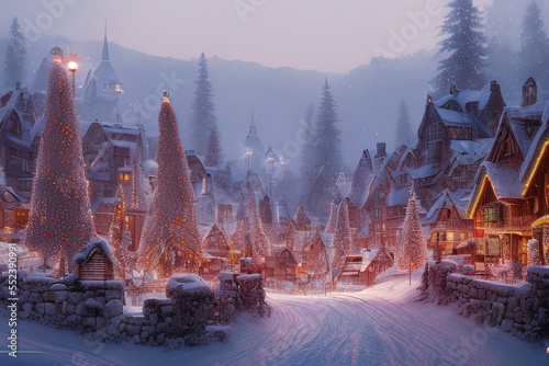 Digital painting of a Nordic village decorated with lights built inside a snowy mountain  - AI Generated