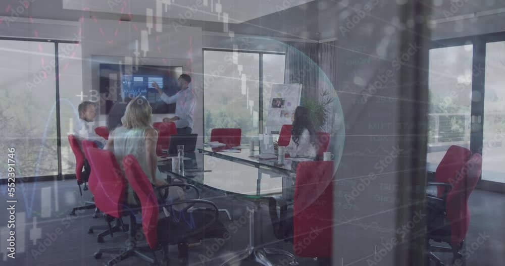 Animation of statistics and data processing over diverse business people Animation of statistics and data processing over diverse business people