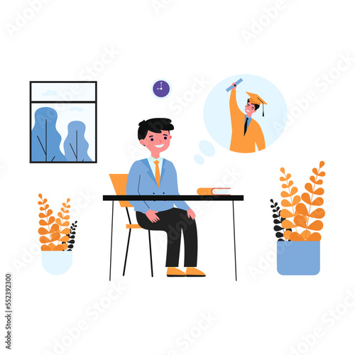 Pupil thinking of graduating from university. Boy in school uniform daydreaming in class flat vector illustration. School, graduation, education concept for banner, website design
