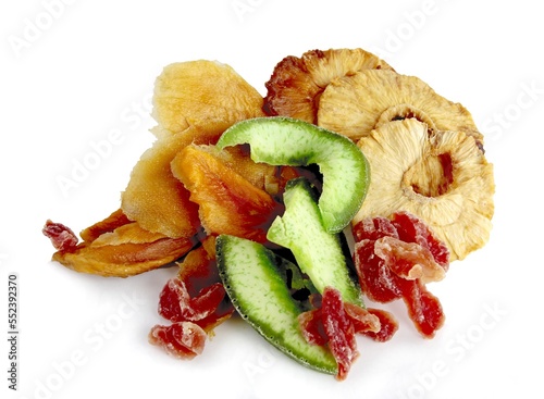 dried and candied various tropical fruits close up photo