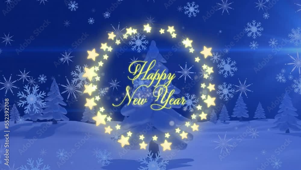 Animation of happy new year greetings text in fairy lights frame over christmas winter scenery Animation of happy new year greetings text in fairy lights frame over christmas winter scenery