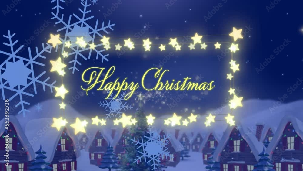 Animation of christmas greetings text with fairy lights over winter scenery Animation of christmas greetings text with fairy lights over winter scenery