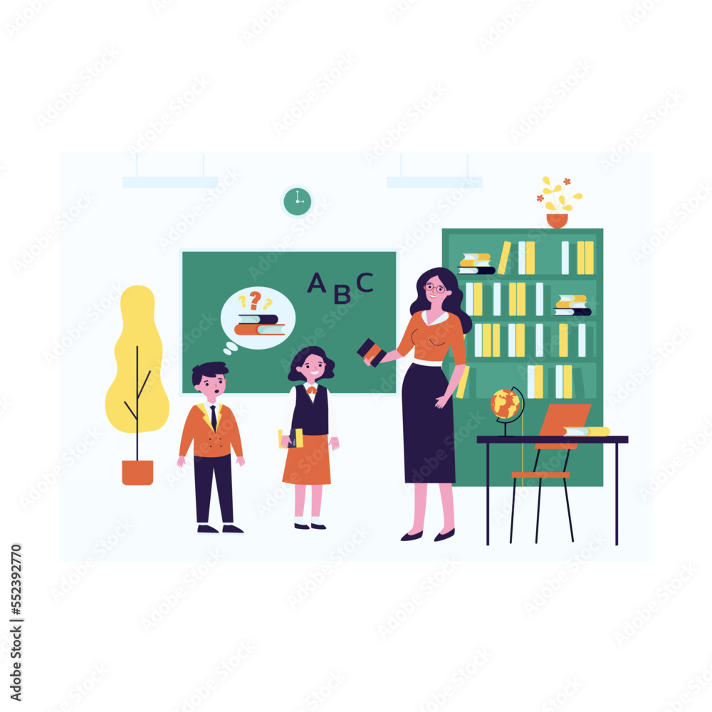 Cartoon teacher and pupils at class flat vector illustration. Female tutor lending out books at school. Education, lesson, back to school concept for banner, website design Cartoon teacher and pupils at class flat vector illustration. Female tutor lending out books at school. Education, lesson, back to school concept for banner, website design
