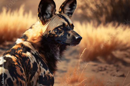 A pack of African wild dogs stalks the horizon, waiting to pounce. Generative AI photo