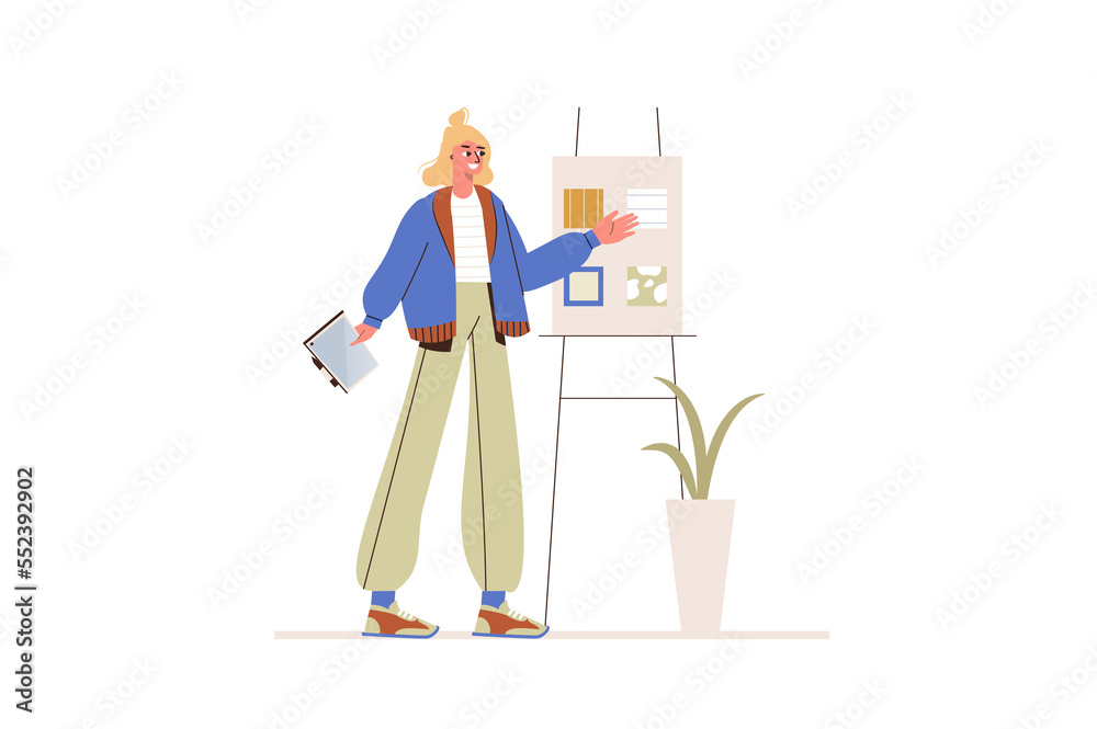 Design studio concept in flat design. Young girl works as illustrator designer and crates fabric prints and patterns, making art projects. Illustration with isolated people scene for web banner