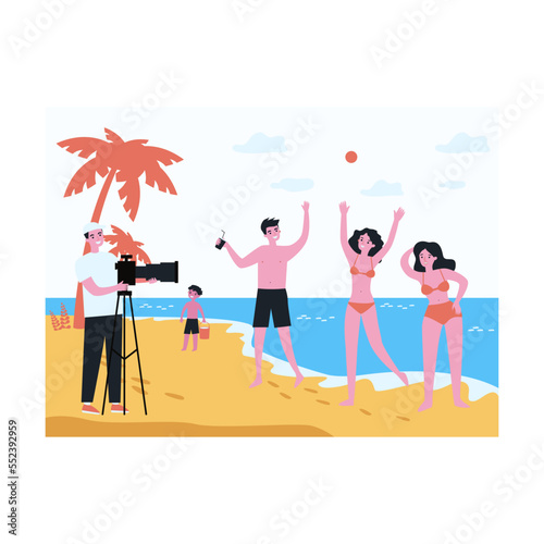 Professional photographer filming group of friends on beach. Young people shooting commercial flat vector illustration. Vacation, photography, summer concept for banner