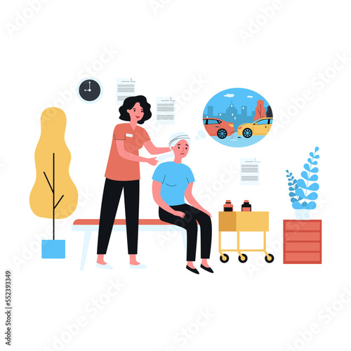 Nurse bandaging head of sad female patient after car accident. Woman thinking about vehicles bumping flat vector illustration. Medicine, accident concept for banner, website design © Bro Vector