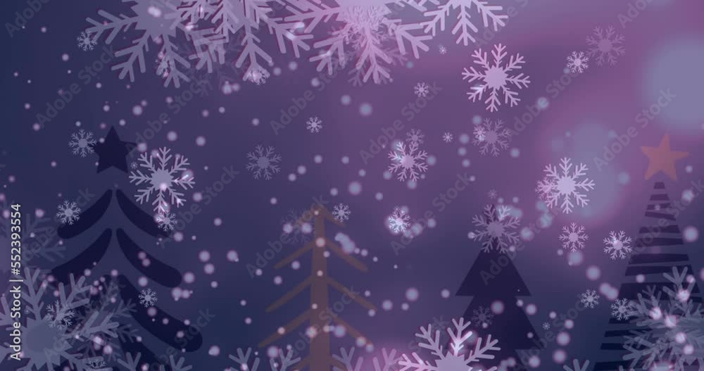 An animation of snowflakes falling over christmas trees on a grey background