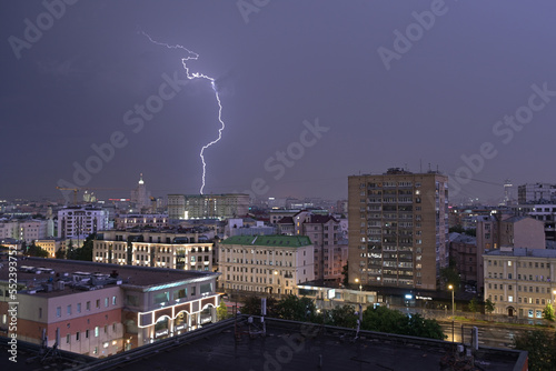 July 10  2021. Moscow Russia. Lightning flashes in the sky over the city on a warm summer night in the Russian capital.