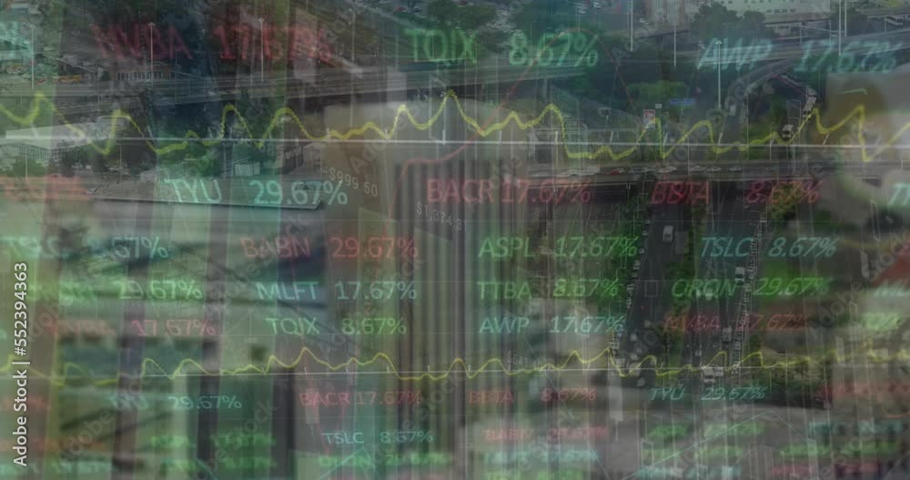 Animated financial graphs and data processing against a construction site Animated financial graphs and data processing against a construction site