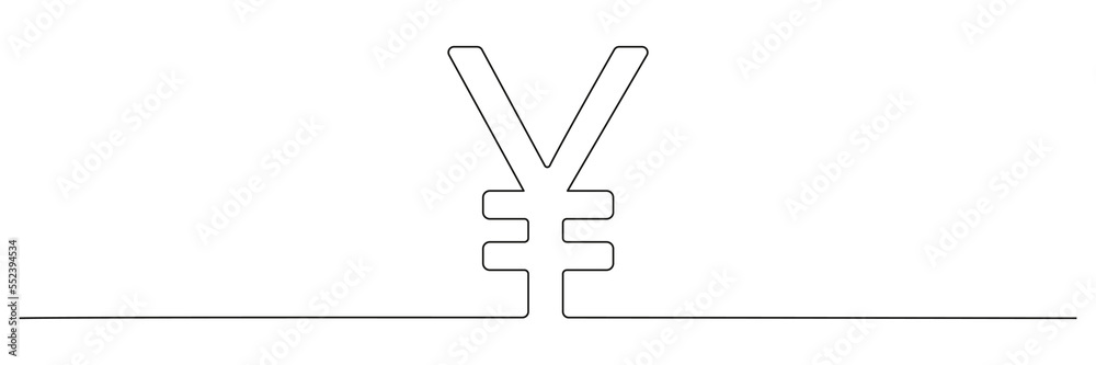 Yen sign continuous one line drawn. Japanese money linear symbol. Vector isolated on white.