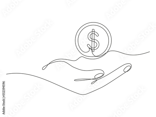 Hand holding coin continuous one line drawing art. Dollar linear symbol. Savings money concept. Vector isolated on white. photo