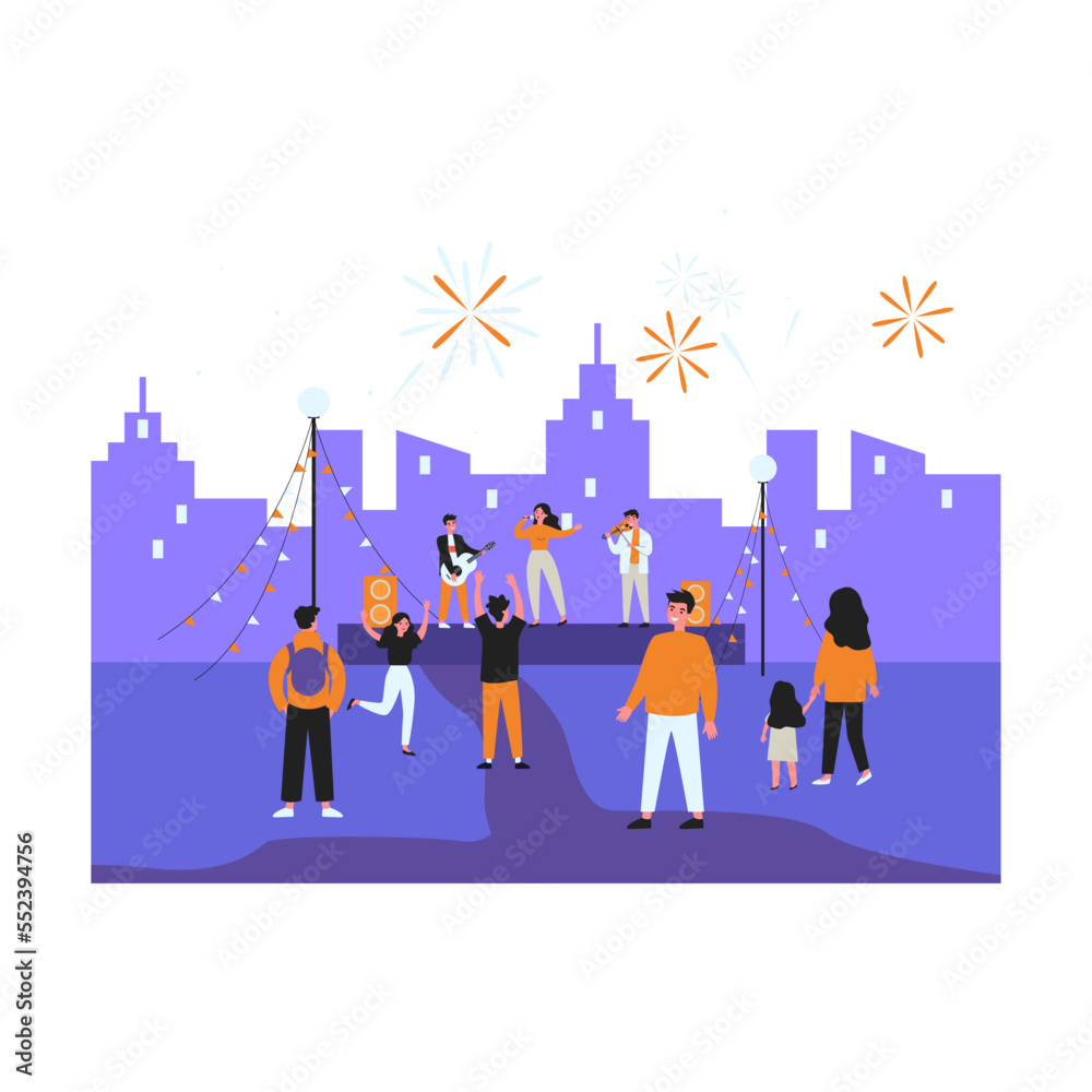 Open air music concert flat vector illustration. Cartoon people dancing to music and watching live concert in city. Singer and musicians playing on stage under fireworks