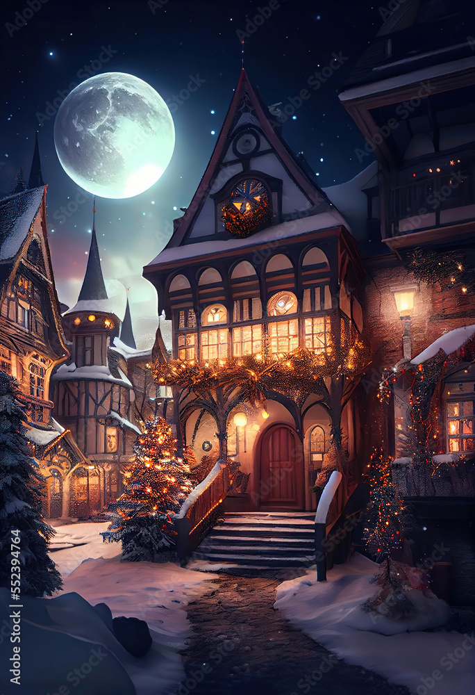Beautiful european houses decorated for Christmas with lights and full moon, winter landscape, AI generated image