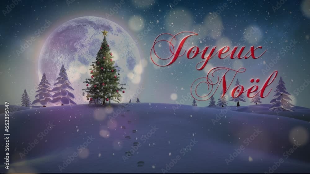 Animation of snow falling over joyeux noel text banner against christmas tree on winter landscape