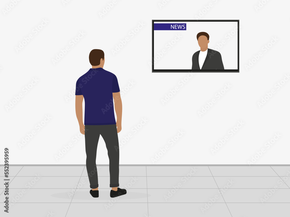 Male character watching news on TV hanging on the wall Male character watching news on TV hanging on the wall
