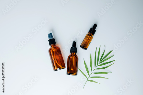 Amber bottles with facial treatment on a white background with a branch of deer palm. Flay lay