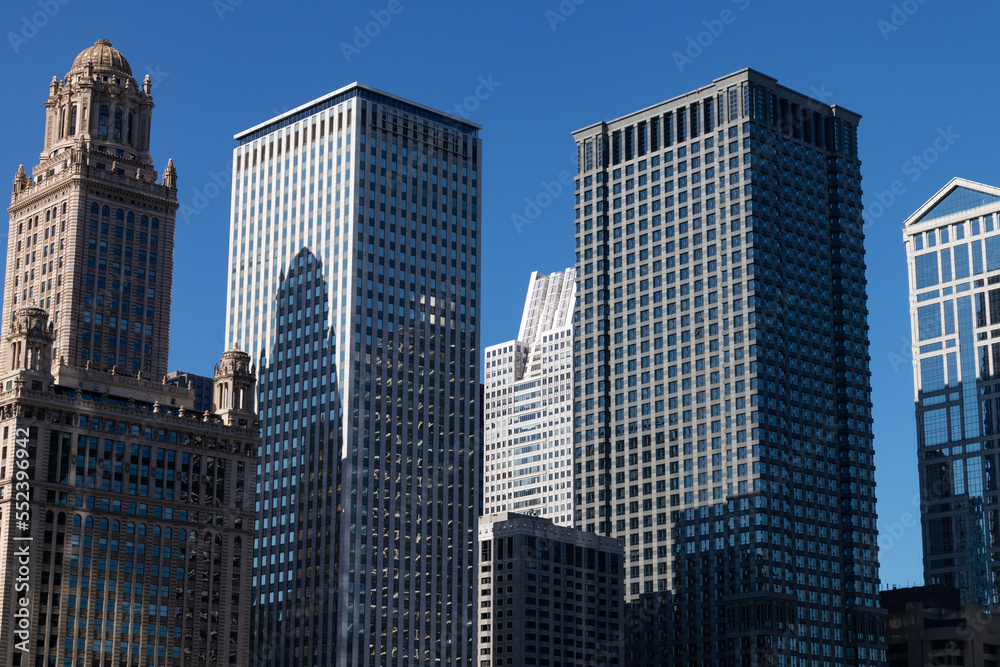 Tall Office Skyscrapers in Downtown Chicago with a Blue Sky