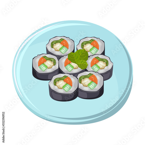 Asian street food on plate. Vector illustration of spicy Chinese and Korean meals. Cartoon top view of bowl with rolls with red fish and tuna isolated on white. Restaurant menu