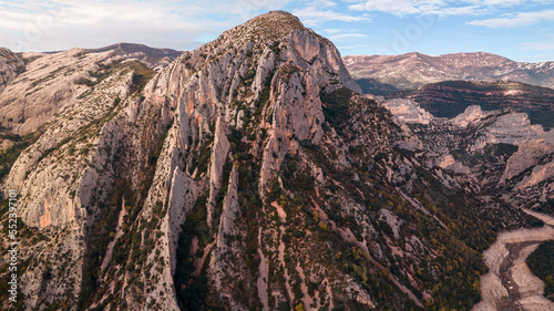 Aerial photography taken from a drone in the Vadiello reservoir in the province of Huesca, Aragon, in which you can see the Vadiello mallos in the Sierra de Guara. Spain photo