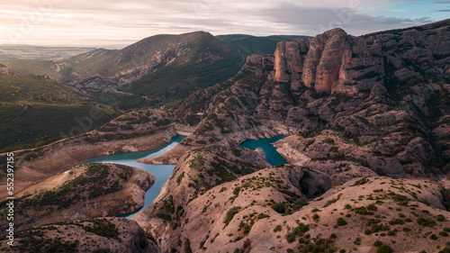 Aerial photography taken from a drone in the Vadiello reservoir in the province of Huesca, Aragon, in which you can see the Vadiello mallos in the Sierra de Guara. Spain photo