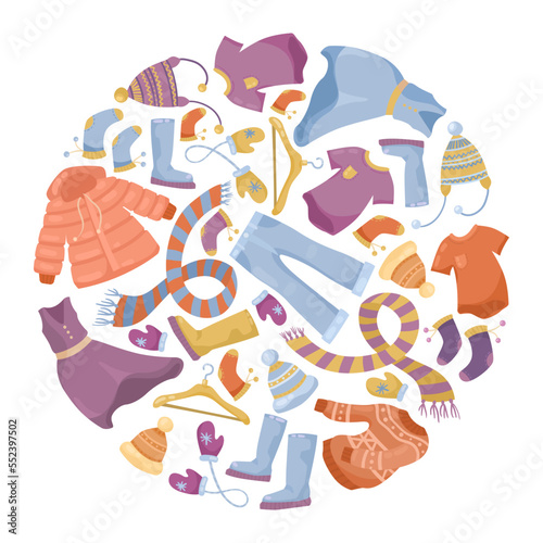Circular pattern with winter clothes vector illustrations set. Collection of cartoon drawings warm male and female clothing isolated on white background. Fashion, shopping, charity concept